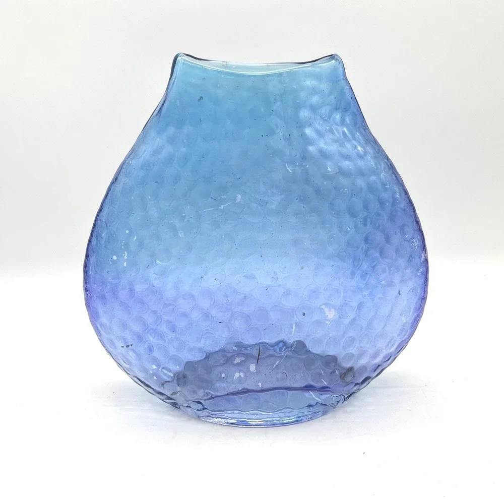 Hand Blown Blue Dimpled Art Glass Vase 7.5 Inch Hammered Texture